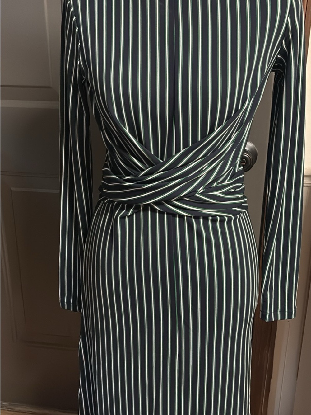 Ann Taylor Black Dress with White Pinstripes - Twist Waist Long Sleeve